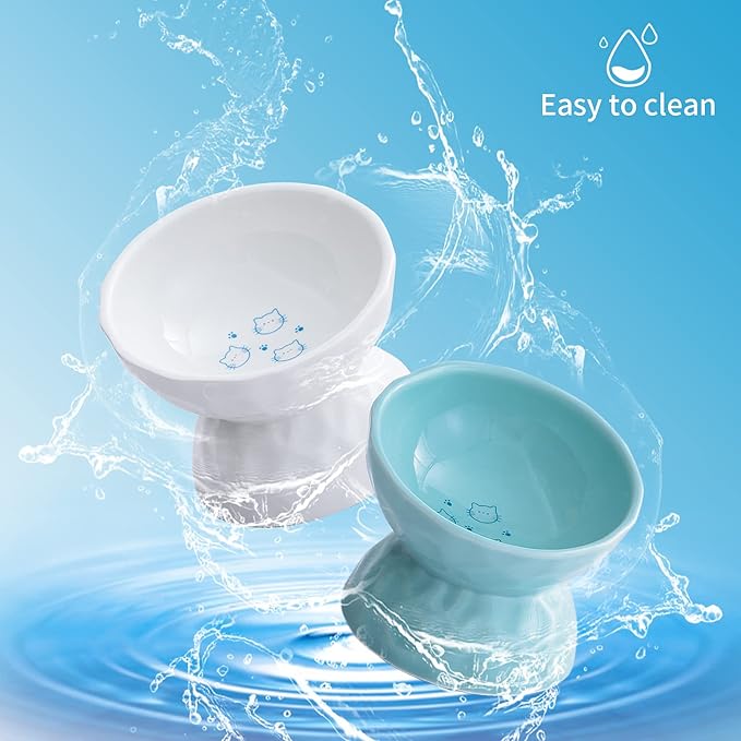 OMAYKEY Ceramic Raised Cat Bowls, Tilted Elevated Cat Food and Water Bowl Set, Porcelain Stress Free Pet Feeder Dish for Cats and Small Dogs, Dishwasher and Microwave Safe, White & Green, Set of 2