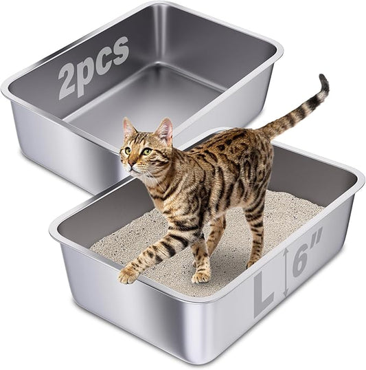 Stainless Steel Litter Box 2 Pack, 20"x14"x6"(Height) Large Metal Litter Box, Easy to Clean, Non Stick No Smell Cat Litterbox for Adult Cats/Kitty