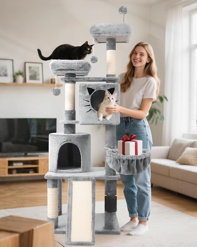 66in Multi-Level Large Cat Tree Tower for Indoor Cat/Kitties, Mordern Cat Tower with Sisal Scratching Posts, Condos and Hammock, Perches, Ramp for Climbing Heavy Duty