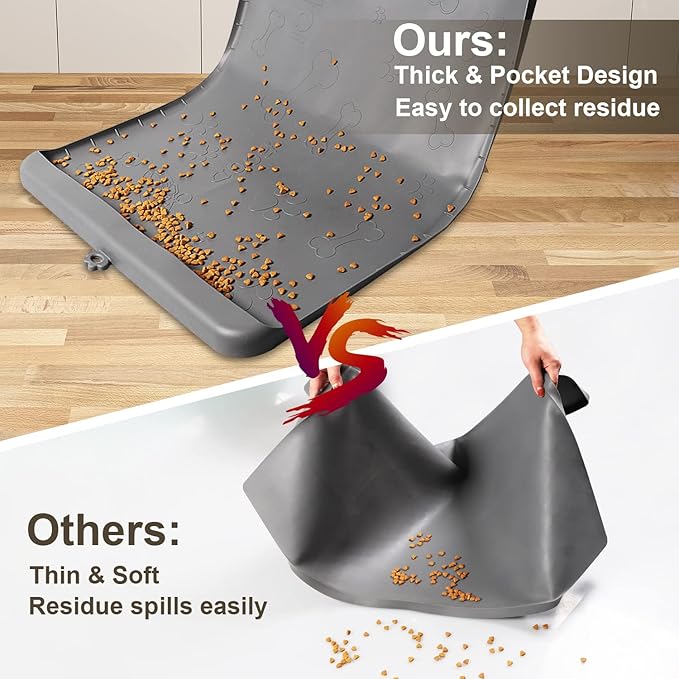 Dog Food Mat - Silicone Dog Mat for Food and Water - 36" x 24" Large Pet Feeding Mats with Residue Collection Pocket - Waterproof Dog Cat Bowl Mat with High Edges to Prevent Water Food Spills (Gray)