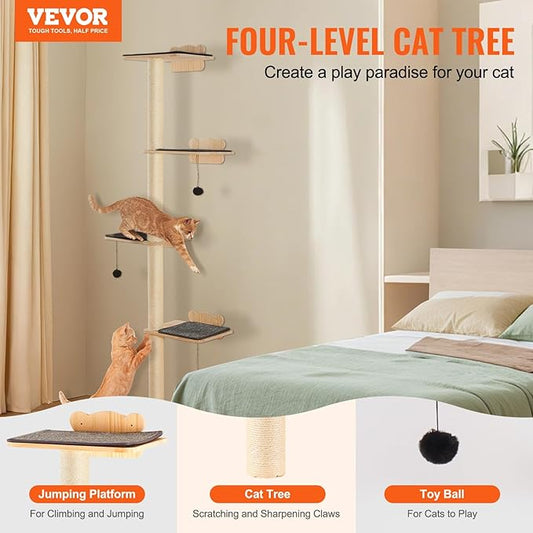 VEVOR 4 Tiers Cat Wall Furniture Set with 4 Jumping Boards, Wall-Mounted Cat Floating Shelf up to 40 lbs, 12 mm Pine Wood Perch for Sleeping, Playing, and Climbing