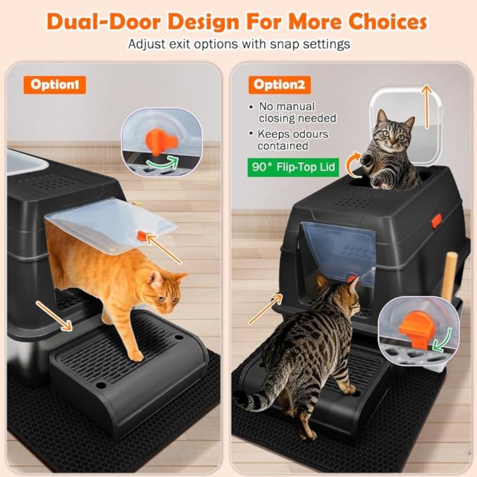 SZEE Stainless Steel Litter Box, XL Top Exit Enclosed Metal Cat Litter Box with Lid & Enclosure, Activated Charcoal Odor Control, Footboard, Trapping Mat & Scoop Included (Black)