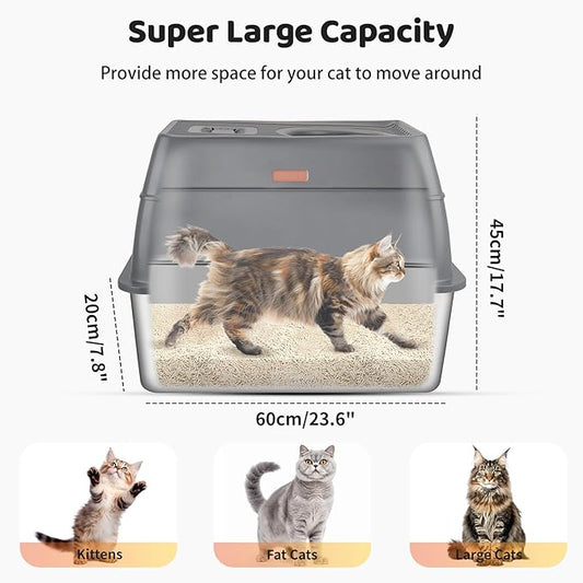 Stainless Steel Litter Box with Sifting Pan, XXL 23.6"L x 15.7"W x 17.7”H Enclosed High Sided Removable Metal Cat Litter Box withLid, Scoop, Anti-Leakage, Non-Sticky, Easy Cleaning (Dark Grey)
