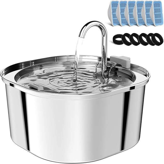Cat Water Fountain, 3.2L/108oz Stainless Steel Pet Water Fountain for Cats/Dogs Indoor, Dog Drinking Dispenser Metal Kitty Spout with 6 Replacement Filters