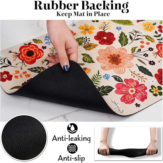 Dog Food Mats for Floors, Absorbent Quick Dry Pet Cat Food Mat, Dog Bowl Mats for Food and Water Dispenser Mat, Eco-Friendly Dog Accessories Pet Supplies 12""x20"", Floral White