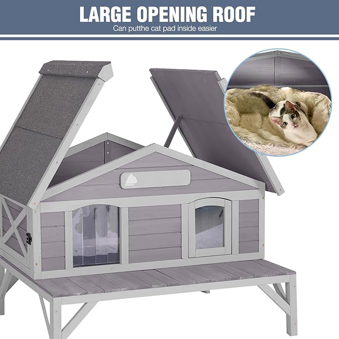 Outdoor Cat House Weatherproof Large Cat Shelter with Balcony Indoor Kitty Shelter Condos with Escape Doors