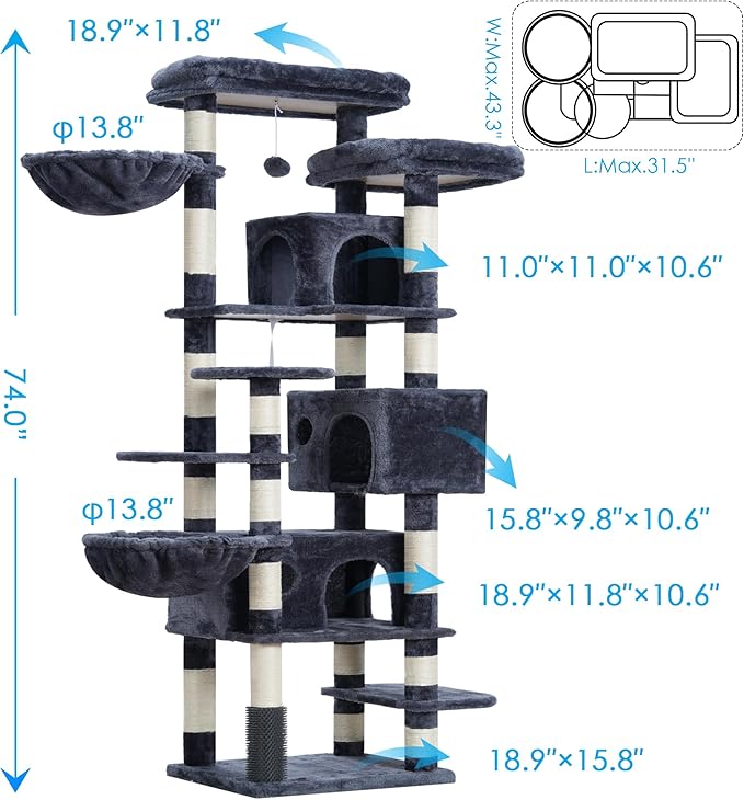 Hey-brother Cat Tree, 74 inches Multi-Level XL Large Cat Tower for Indoor Cats with Three Cat Condos, Two Large Top Decks and Cat Hairbrushfor Kittens, Cats and Pets, Smoky Gray MPJ035-MG