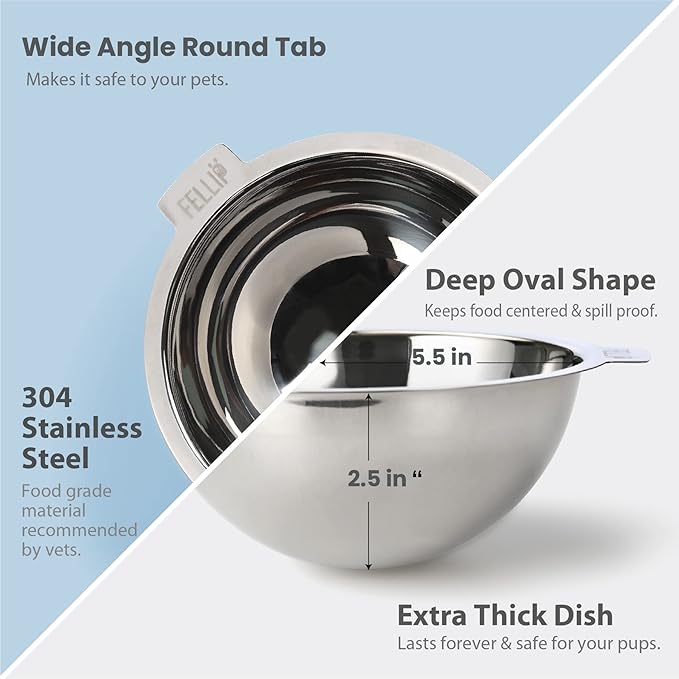 Felli Pet Oblik Slanted Dog Food Water Bowl Elevated Stainless Steel Oval Dish Ergonomic Angled Metal Feeder Spill Proof Non Slip, Raised Acrylic Cone for Bulldog Pug Small Medium (1.5Cup Sapphire)
