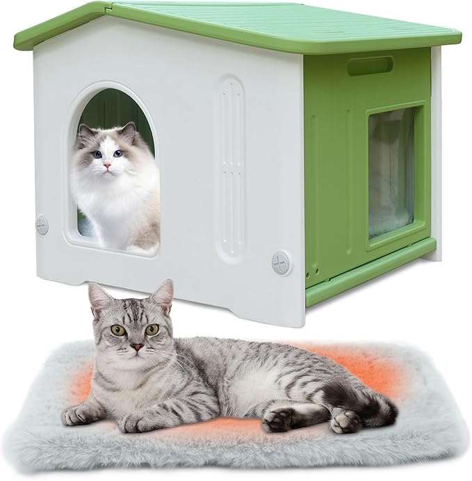 Rockever Plastic Outdoor Cat House with Escape Door, Waterproof Cat Shelters for Feral Cats Indoor Cat House with Mat, Sturdy Cat House for Outdoor Cats, Assemble Easily-Green