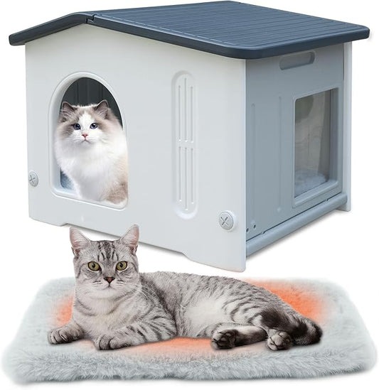 Rockever Plastic Outdoor Cat House with Escape Door, Waterproof Cat Shelters for Feral Cats Indoor Cat House with Mat, Sturdy Cat House for Outdoor Cats, Assemble Easily-Grey
