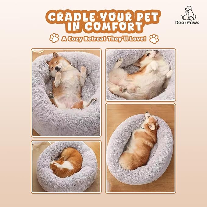 Comfy Dog Bed Large Size Dog - Donut Washable Large Pet Bed, 39 inches Anti-Slip Round Fluffy Plush Faux Fur Cat Bed, Fits up to 120 lbs Pets (Camel)