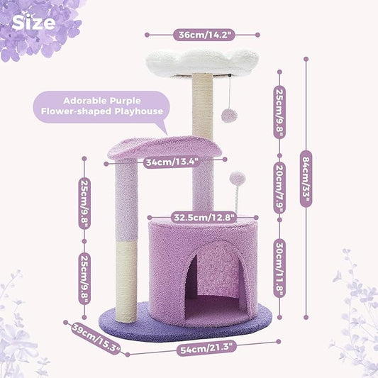 PAWZ Road Cat Tree,32 Inches Purple Flower Cat Tower with Sisal Covered Scratching Post, Cozy Condo, Plush Perches and Fluffy Balls for Indoor Cats