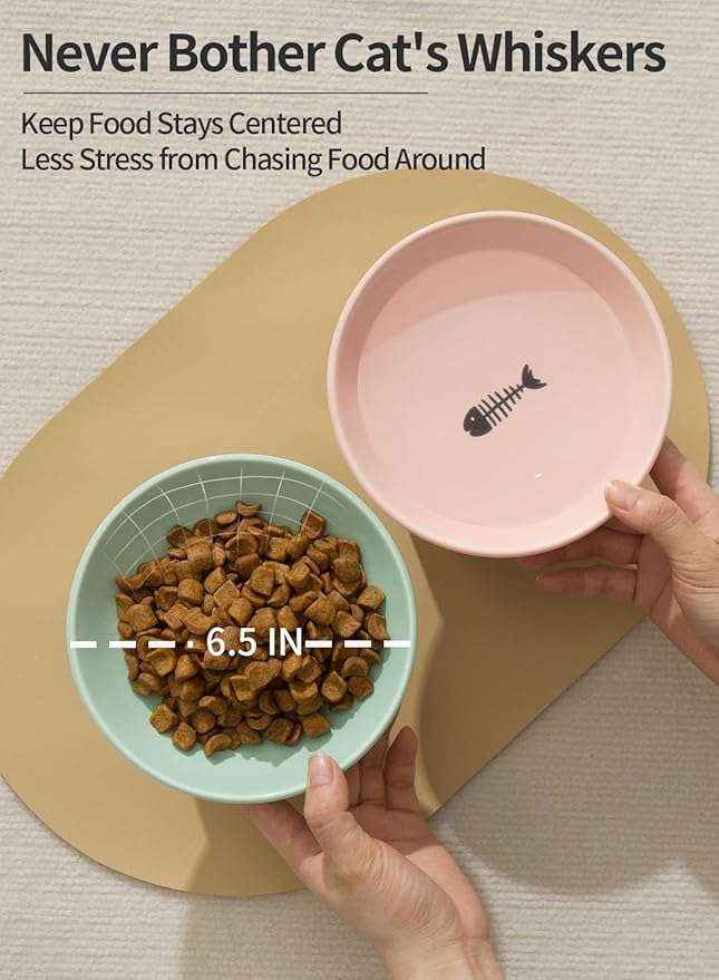 Extra Wide Elevated Ceramic Cat Bowls, 6.5 Inch Raised Pet Bowl Set for Food & Water, Whisker Fatigue Shallow Food Dish for Elder Big Cats Small Dogs, Set of 2, Green & Pink