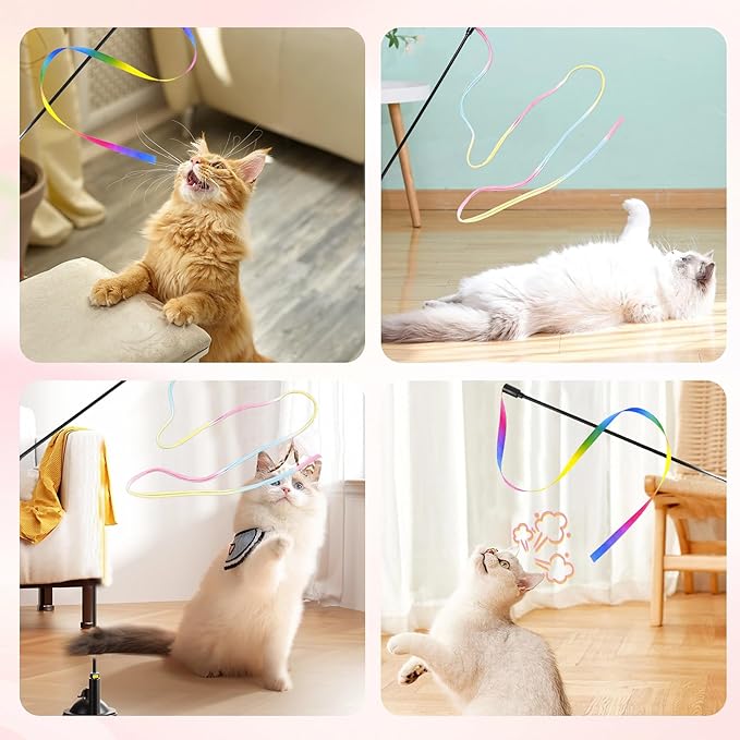 13 PCS Cat Wand Toys, Interactive Kitten Toys for Indoor Cats with Teaser Wand String for Exercise Kitten, Includes Replacements Feather, Worm, Mouse, Rainbow Strip