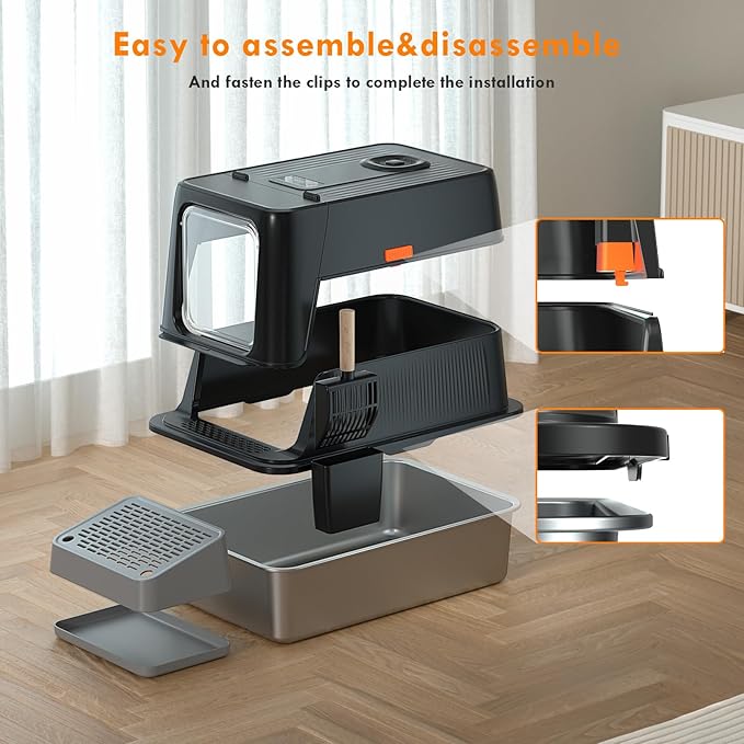 Smart Odor Control Stainless Steel Litter Box,160° Flip-Top Extra Large Cat Litter Box,Safety Protection,for Big Cats&Multiple Cats,with cat Litter Spoon and footrest,Anti-Leakage, Non-Sticky