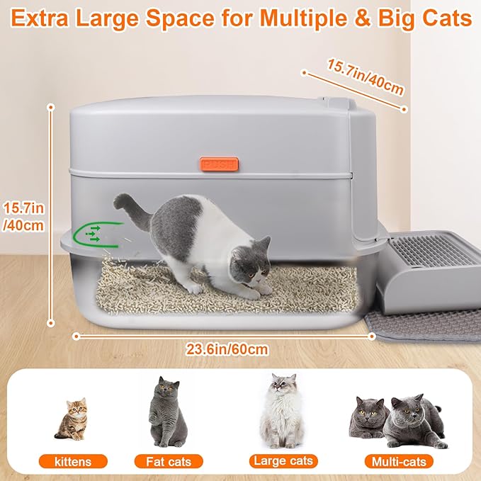 ELEGX Odor-Control Stainless Steel Cat Litter Box,XL Large 4-in-1 Cat Metal Litter Box Set,Enclosed Removable Metal Litter Box with High Sided Enclosure, Mat & Scoop,Extremely Easy to Clean
