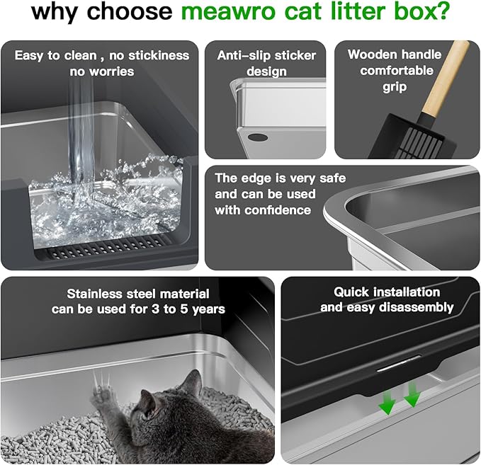 Stainless Steel Litter Box with lid, XXXXL Extra Large, High-Sided Metal Litter Box for Big Cats & Multiple Cats, Non-Stick, Leak-Proof, Dark Gray