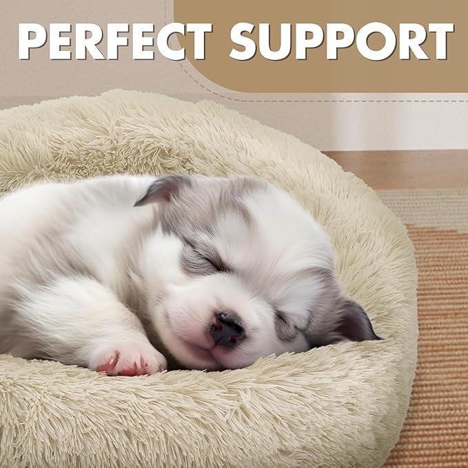 Athena Collection Washable Small Dog Bed, Cat Bed for Indoor Cats, 24 Inches Fluffy Faux Fur Round Pet Bed Calming Cozy Soft Warming Donut for Small Dog Puppy Kitten, Beige