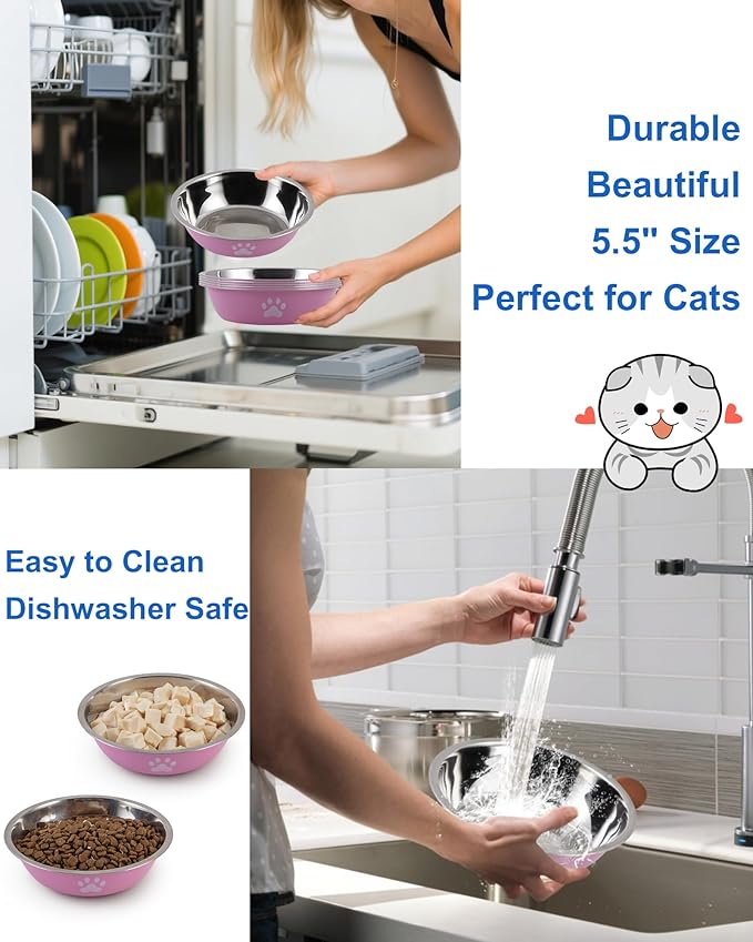 6 PCS Stainless Steel Cat Bowls, Non-Slip Stainless Cats Food Bowl Metal Cat Dishes Whisker Fatigue Kitten Plates Shallow Wide Kitten Bowls, 5.5” Whisker Friendly Food Dish