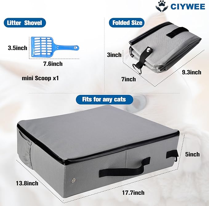 Portable Travel Cat Litter Box for Cats with Lid,Leak-Proof Waterproof Foldable Kitty Litter Box, for Cat Travel Essentials, Hotel, Airplane and Other Outdoor Use(Grey)