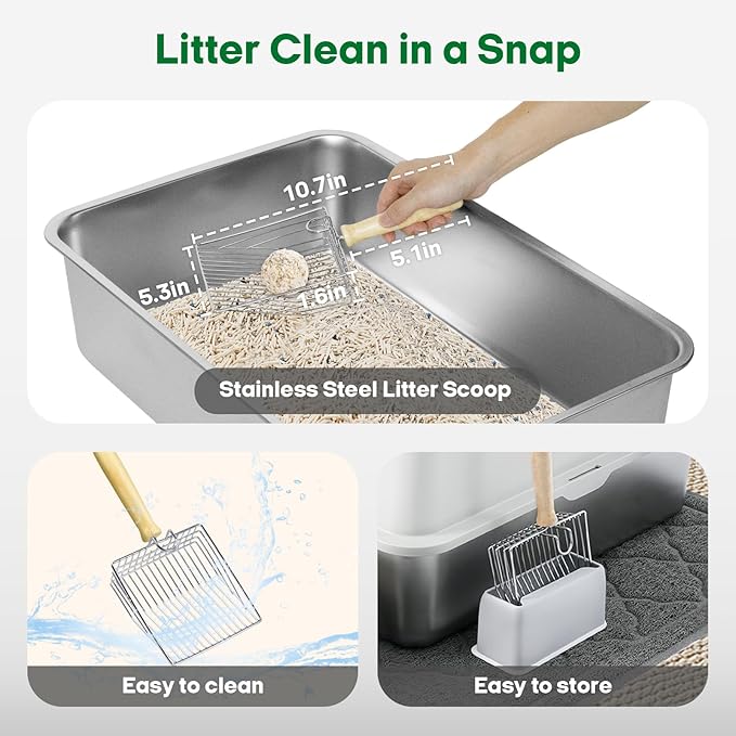 Stainless Steel Cat Litter Box, 4-in-1 Cat Metal Litter Box Set, Extra Large Top Entry Litter Box Enclosed, with Litter Mat, Litter Scoop, Light Grey