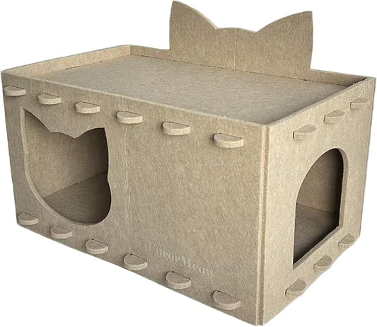 Cat House Cat Ear Design, Large Spacious Cozy Indoor Cat Bed Cave, Scratch Resistant Strong Thick Premium Felt Condo, Fun Hideaway for Multiple Cats, Up to 35LB, 21.5x13x11.6 inches (Beige)