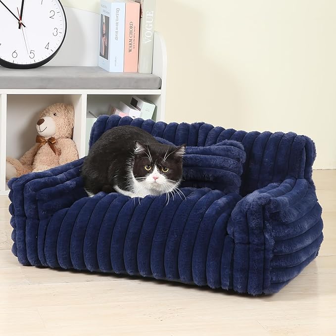 Fluffy Cat Bed, Small Dog Bed with Bone Shaped Pillow, Anti-Anxiety Pet Couch with Washable Cover, Blue
