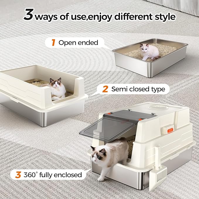 XXXL Stainless Steel Litter Box with Lid,28" L x 20.5" W x 16.5" H Extra Large Cat Litter Box Enclosure for Large and Multi-Cats Families,Non-Sticky, Anti-Leakage, Easy to Clean(White)
