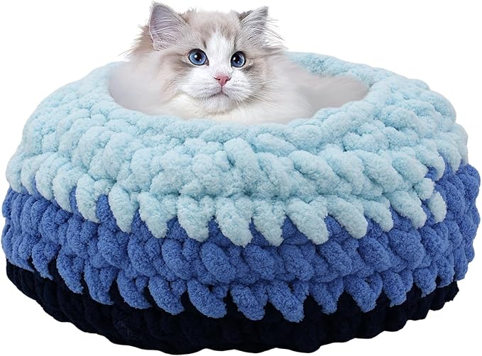 Ombre Gradient Round Cat Bed for Indoor Cats, Chunky Knit Washable & Plush Pet Bed, Cozy Nest with Non-Slip Bottom for Small Medium Cats