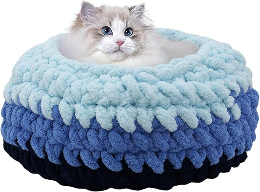 Ombre Gradient Round Cat Bed for Indoor Cats, Chunky Knit Washable & Plush Pet Bed, Cozy Nest with Non-Slip Bottom for Small Medium Cats