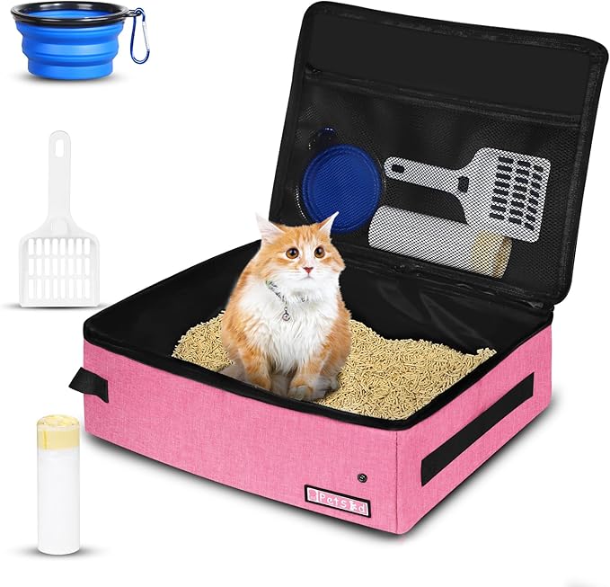 Petskd Portable Cat Travel Litter Box with Lid and 10 pcs Disposable Liner Bags, Leak-Proof and Collapsible, Cat Travel Essentials for Car, Hotel, Airplane and Other Outdoor Use(Pink)