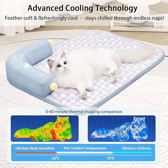 Summer Cooling Cat Bed-Cooling Cat Mat with 4.33inch Pillow for Kittens & Cats, Machine-Washable Cushion Calming Bed for Persian, Siamese, Small Pets(Blue, Large-25"x19"x4")