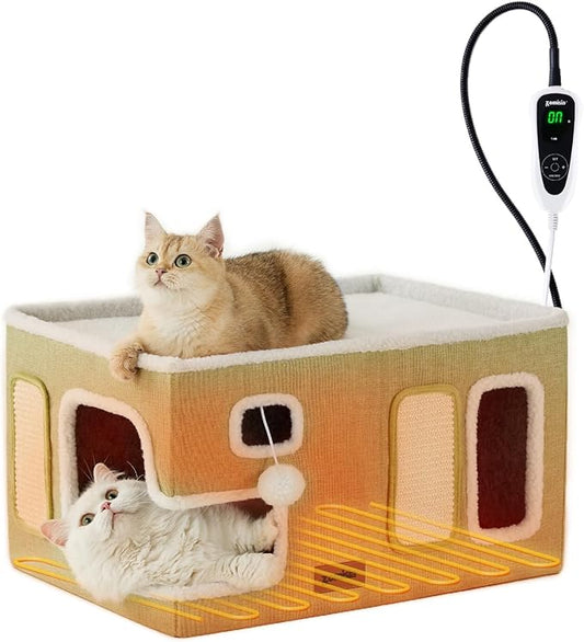 Heated Cat House for Indoor Cats - Large Cat Warming Bed for Winter with Fluffy Ball Hanging and Adjustable Heating Pad, Foldable Cat Hideaway,23x16.5x13 inches, Green