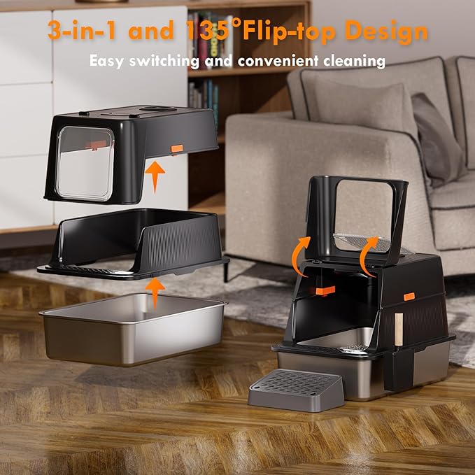 Smart Odor Control Cat Litter Box with Lid, Stainless Steel Cat Litter Box with Infrared Sensor, Large Litter Boxs for Cats, 3 in 1 Design and 135° Flip-Top, Litter Scoop & Foot Pedal
