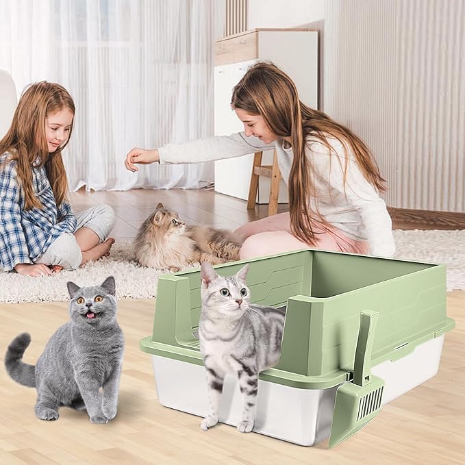 Stainless Steel Litter Box, XXXL 27.6" H x 19.7" W x 11.8" H Extra Large Metal High Sided Cat Litter Box with Scoop, Leak-Proof, Easy Clean for Big Cats/Multiple Cats (Green)