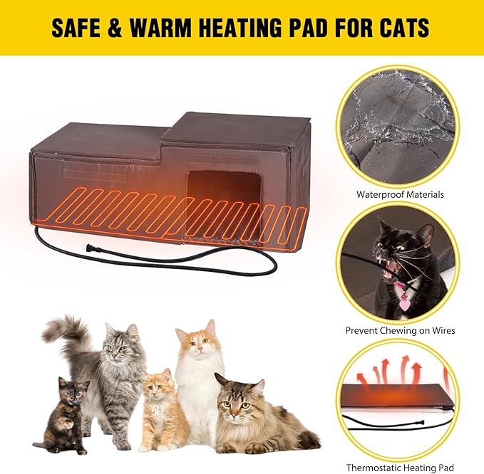 Aivituvin Heated Cat House for Outside with Insulated Liner in Winter, Weatherproof Outdoor Cat House with Anti-Bite Cable, Wooden Kitten Condo for 1-4 Cats