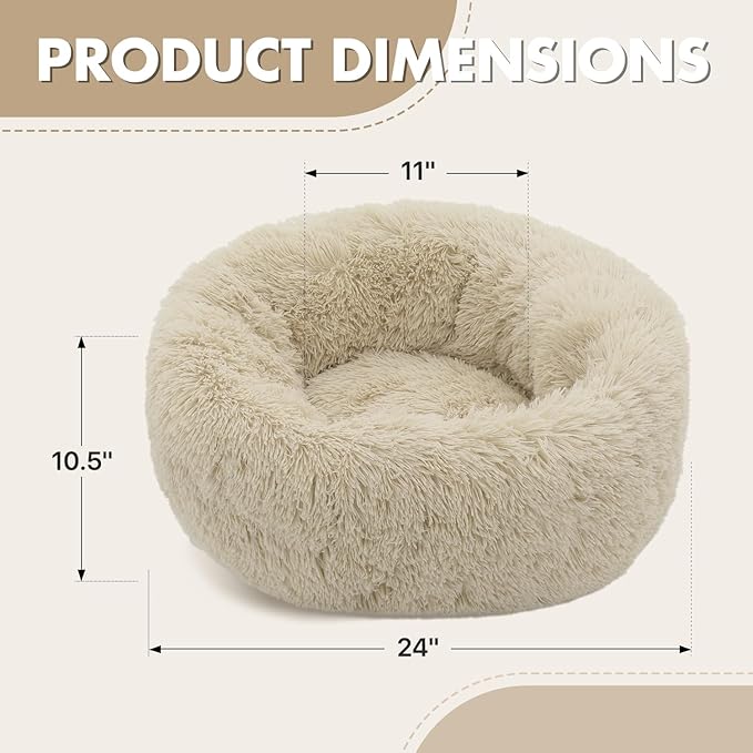 Athena Collection Washable Small Dog Bed, Cat Bed for Indoor Cats, 24 Inches Fluffy Faux Fur Round Pet Bed Calming Cozy Soft Warming Donut for Small Dog Puppy Kitten, Beige
