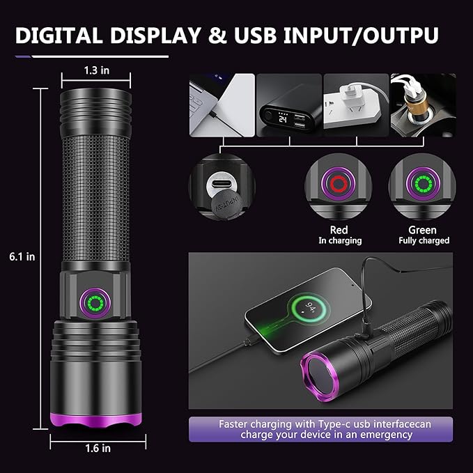 XLENTGEN 20W UV Light Flashlight 365nm, Black Light Ultraviolet Flashlights, for Resin Curing Fishing, Dry Glue, Fluorescent, Scorpion, Rockhounding, Pet Urine Detector