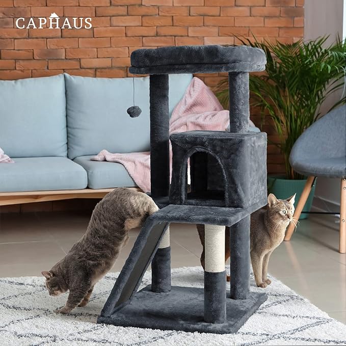 CAPHAUS Cats Kittens Tower with Large Modern Widened Perch, Cute 37-Inch Indoor Multi-Level Cat Activity Tree Scratching Posts, Small Ramp, 2-Door Cave Condo for Cats, Light Grey