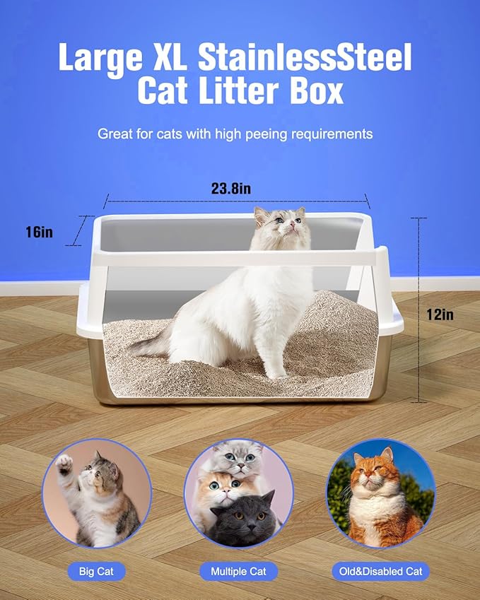 2PACK Stainless Steel Litter Box, Metal Litter Boxes with Lid High Sides, XL Extra Large Litter Box for Big Cats, Never Absorbs Odors, Leak-Proof, Stain-Free, Easy to Clean, Scoop Included（White）