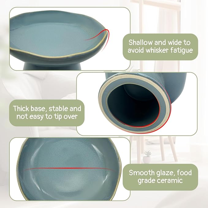 VCEPJH Raised Cat Food Bowls Shallow Cat Plate Ceramic Elevated Cats Dish 6.1in Flat Anti Whisker Fatigue Wide Pet Food & Water Feeder for Indoor Kitty Kitten (Blue)