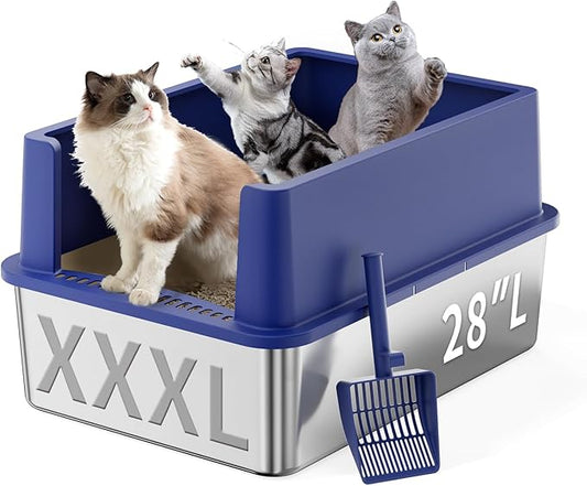 28" Extra Large Stainless Steel Cat Litter Boxes with Lid Metal Cat Litterbox Pan for Big Cats and Multiple Cats, Anti-Leakage, Easy Cleaning, Include Scoop