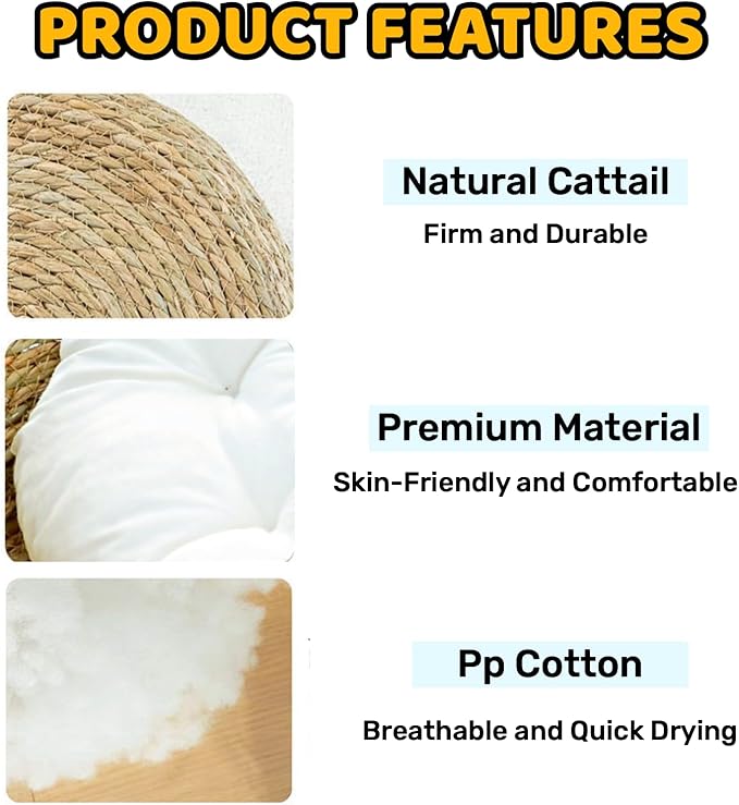 Natural Cat Bed Straw Nest Woven Pet House Handmade Braided Cattail Leaf with Soft Cushion 17 x 17 Inches