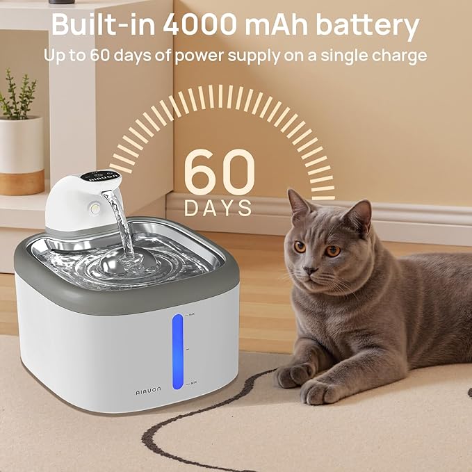 cat Water Fountain Wireless - 118oz/3.5L Cordless Automatic Water Dispenser for Cats, Stainless Steel Water Bowl for Pets no Spilling, Cat Feeding & Watering Supplies with 5 Filters