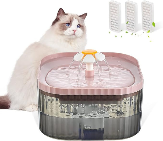 85oz/2.5L Cat Water Fountain, Ultra Quiet Pet Water Dispenser with Smart Pump and 3 Replacement Filters, Automatic Flower Fountain for Dog & Cat (Pink)