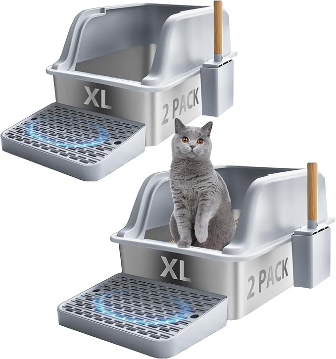 2 Pack XL Large Enclosed Jumbo Stainless Steel Cat Litter Box,Kitty Metal Litter Box with Lid Footboard Litter Scoop Non-Sticky Never Absorbs Odors High Sided for Big Cats