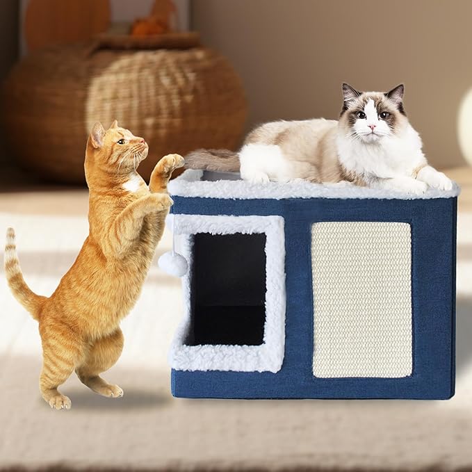 Cat Bed for Indoor Cats Cube House,Large Covered Cat Beds Cave & Furniture with Fluffy Ball and Scratch Pad Foldable Hideaway Nest & Condo with Washable Mat for Kitten Kitty Small Pet(Navy Blue)