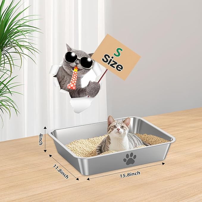 Stainless Steel Cat Litter Box,Metal Kitten Litter Pan, 4" Height Litter Box for Small Animals Cats Kitty,Rabbits Toilet Indoor Litter Tray, Easy Clean, Non Stick, No Smell