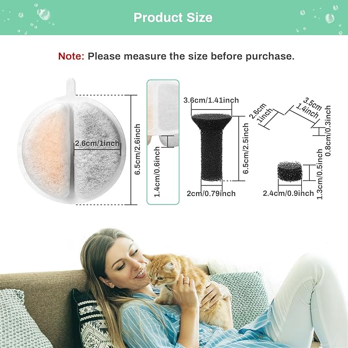 6 Pack Cat Water Fountain Filters for Lite & Premium 2.5L Drinking Fountain, Activated Charcoal and Ion Exchange Resin for Water Filtration, Replacement Filter/Foam/Sponge for 84 fl oz Pet Fountain