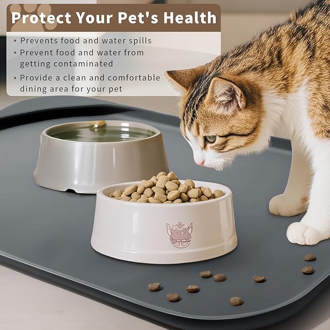 Silicone Pet Feeding Mat with Raised Edge & Residue Collection Pocket for Food and Water, Dog Bowl Mats, Cat Bowls Placemat with High Lip for Floor Waterproof, 22 x 14 x 0.8 Grey